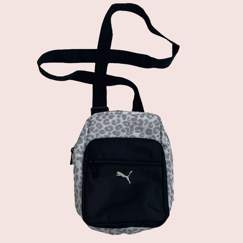PUMA-Nylon Women Crossbody Bag Black/Gray Animal Print Zip Pockets